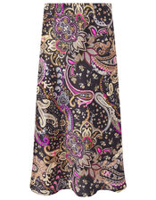 Paisley Print Satin Midi Skirt, Black (BLACK), large