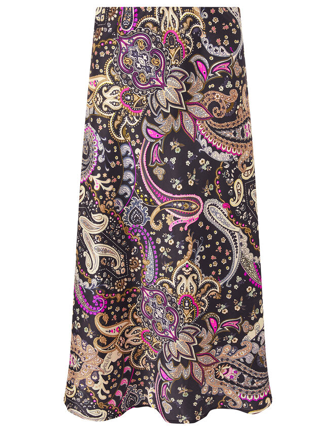 Paisley Print Satin Midi Skirt, Black (BLACK), large