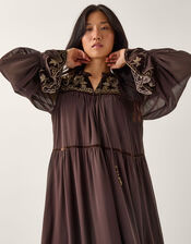 Nova Embroidered Yoke Chiffon Maxi Dress, Brown (CHOCOLATE), large