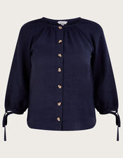 Tie Cuff Button Through Linen Blouse, Blue (BLUE), large