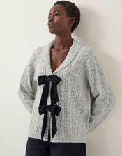 Bria Bow Cable Knit Cardigan, Grey (GREY), large