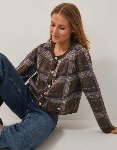 Carmen Check Cardigan, Brown (CHOCOLATE), large