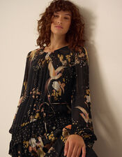Clemence Margaux Long Sleeve Contrast Frill Floral Print Maxi Dress, Black (BLACK), large
