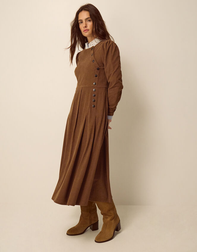Silvia Button Stretch Corduroy Midi Dress, Tan (TAN), large