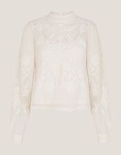 Leni High Neck Embroidered Mesh Blouse, Ivory (IVORY), large