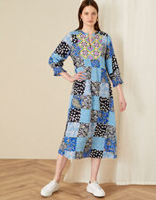 Patchwork Print Midi Dress, Blue (BLUE), large