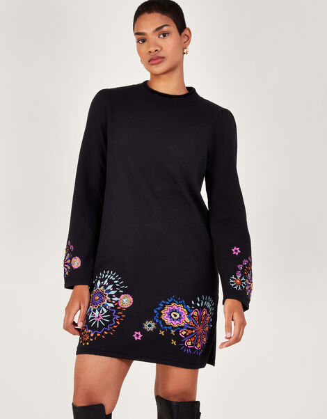 Embroidered Tunic Dress, Black (BLACK), large
