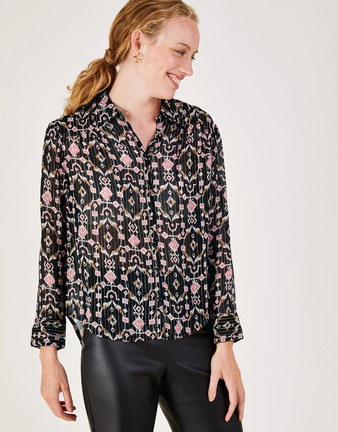 Eliza Metallic Ikat Print Blouse with Sustainable Viscose, Black (BLACK), large