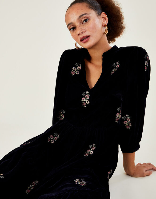 Amber Embroidered Tiered Velvet Dress, Blue (MIDNIGHT), large
