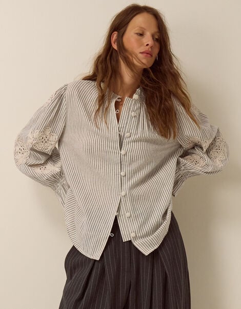 Iris Cornelli Embroidered Stripe Shirt, Ivory (IVORY), large