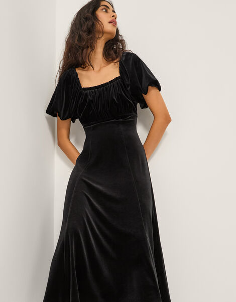 Cynthia Puff Sleeve Velvet Midi Dress, Black (BLACK), large