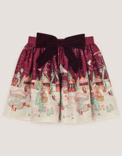 Christmas Scene Satin Skirt, Red (BURGUNDY), large