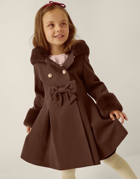 Faux Fur Hood Bow Coat, Brown (TAUPE), large