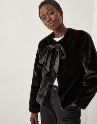 Farah Bow Faux Fur Jacket, Black (BLACK), large