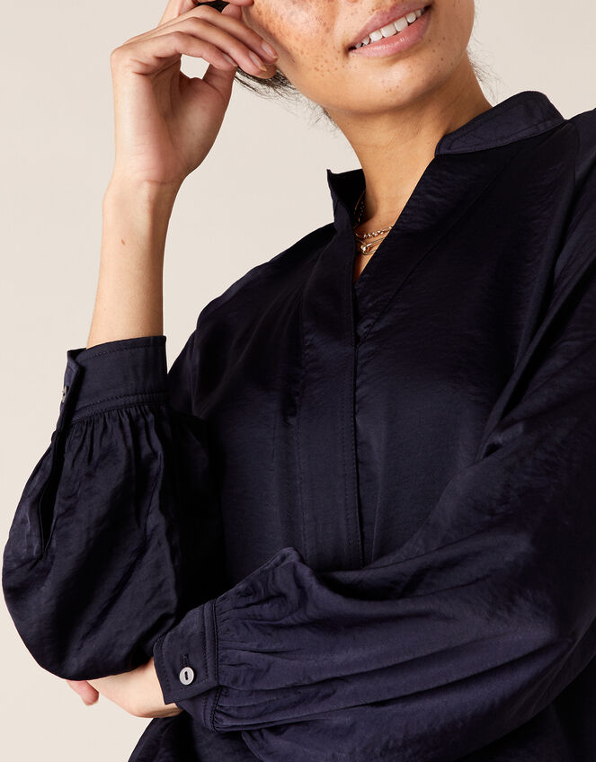 Long Sleeve Satin Blouse, Blue (NAVY), large