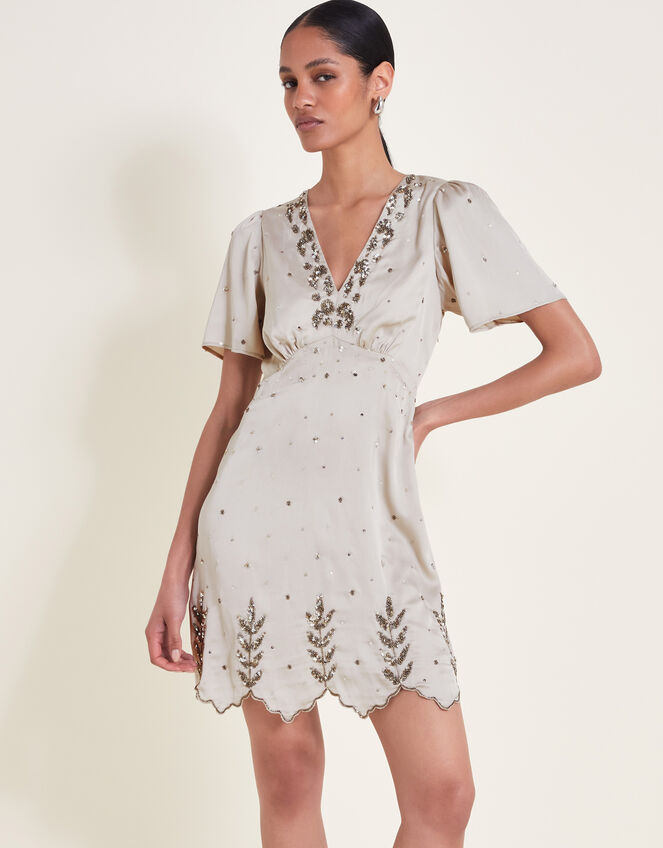 Aurora Embellished Mini Dress, Grey (GREY), large