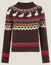 Monsoon x Sarah Corbett-Winder Duck Fair Isle Jumper, Brown (CHOCOLATE), large
