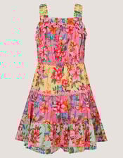 Tropical Flower Print Scallop Trim Dress , Pink (PINK), large