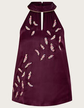 Simone Embroidered Feather Halter Neck Top, Purple (PURPLE), large