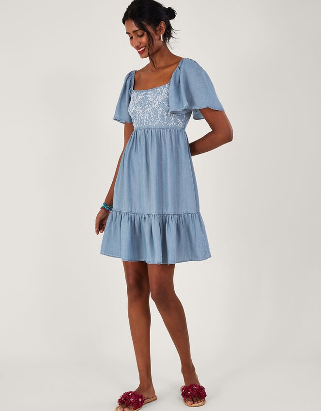 Embroidered Short Denim Dress, Blue (DENIM BLUE), large