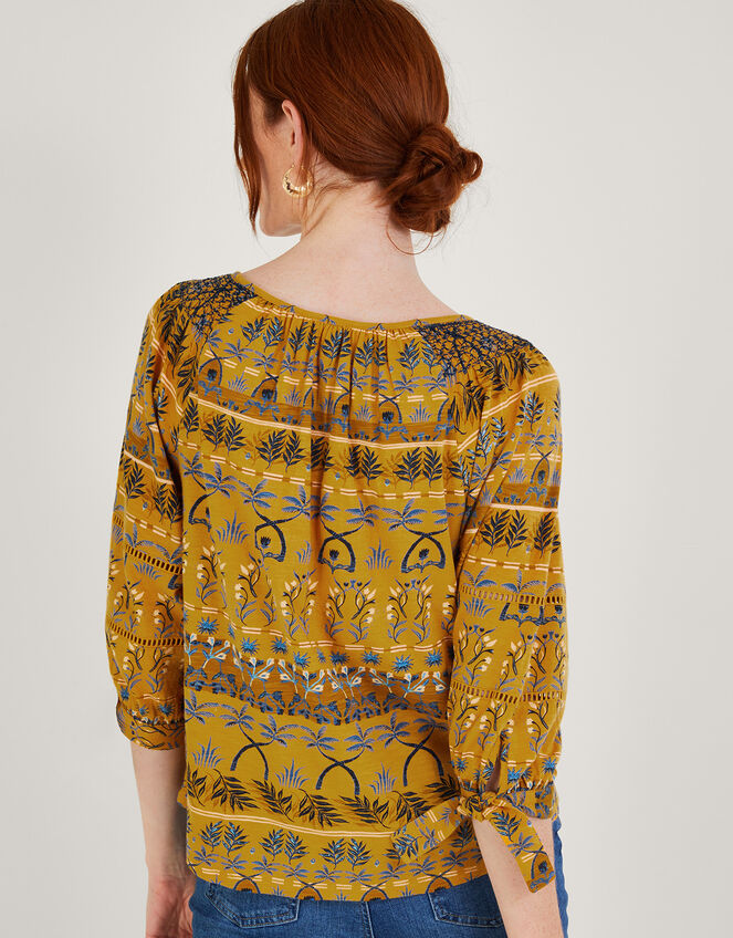 All-Over Leaf Print Smock Jersey Top, Yellow (OCHRE), large