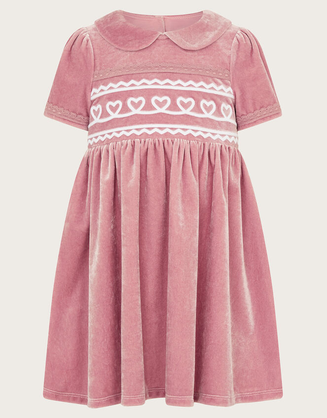 Baby Maeve Heart Velour Collar Dress, Pink (DUSKY PINK), large