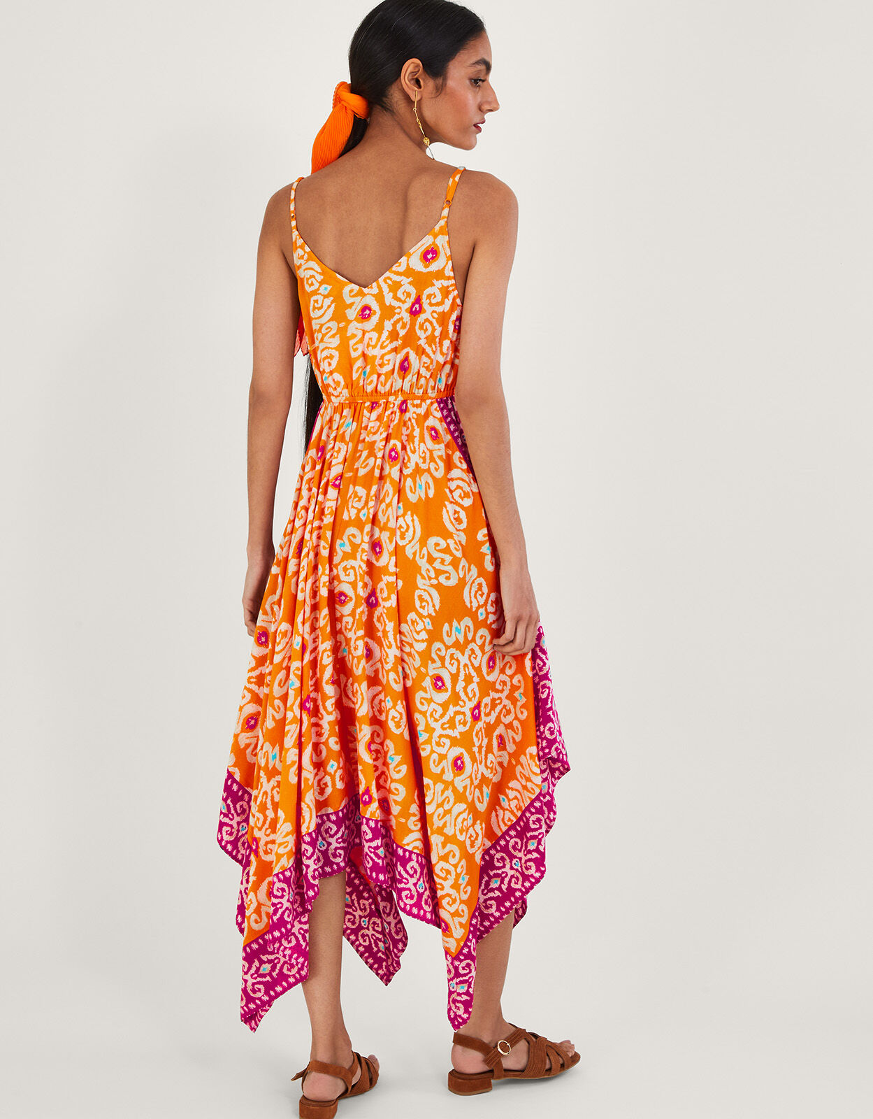 Bandhani Print Hanky Hem Midi Dress in LENZING ECOVERO Orange