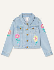 Sequin Flower Denim Jacket, Blue (BLUE), large