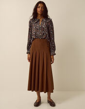 Sonja Pleated Corduroy Midi Skirt, Tan (TAN), large