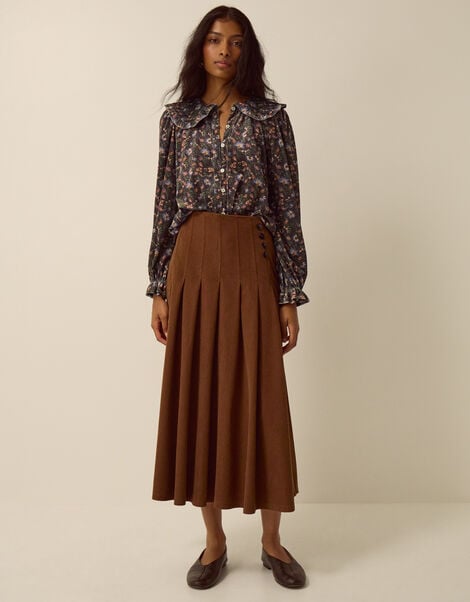 Sonja Pleated Corduroy Midi Skirt, Tan (TAN), large
