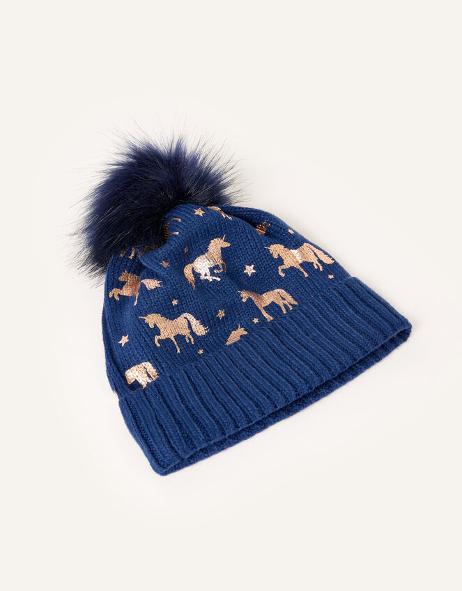 Metallic Unicorn Beanie, Blue (NAVY), large