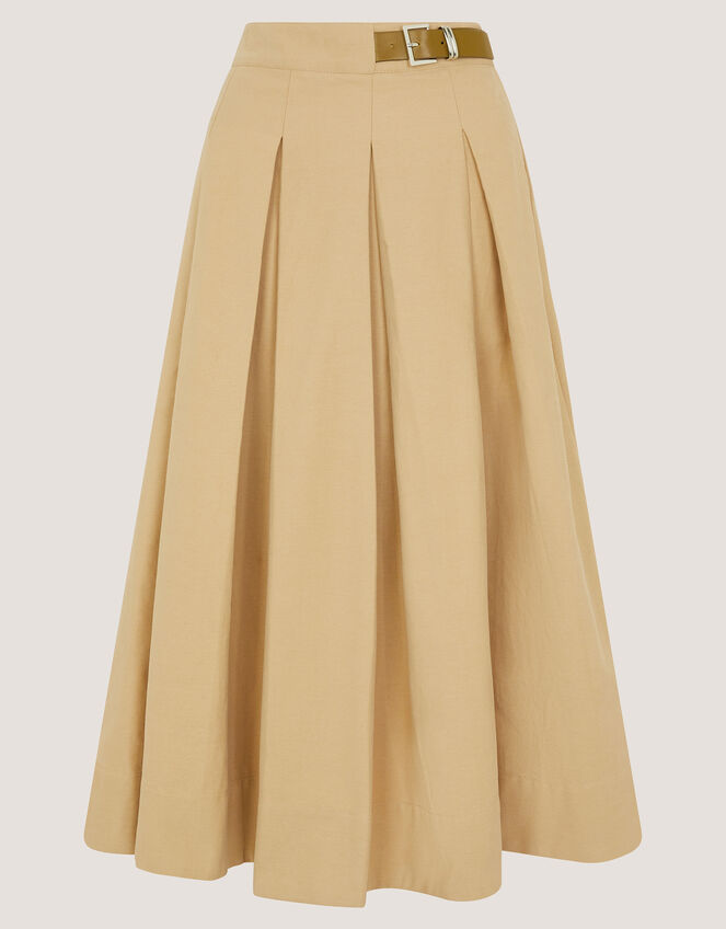 Poppy Buckle Pleated Midi Skirt, Natural (STONE), large