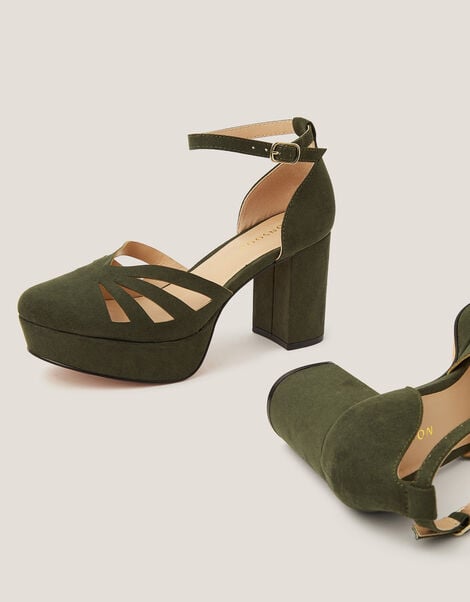 Iris Cutwork Platform Heels, Green (OLIVE), large