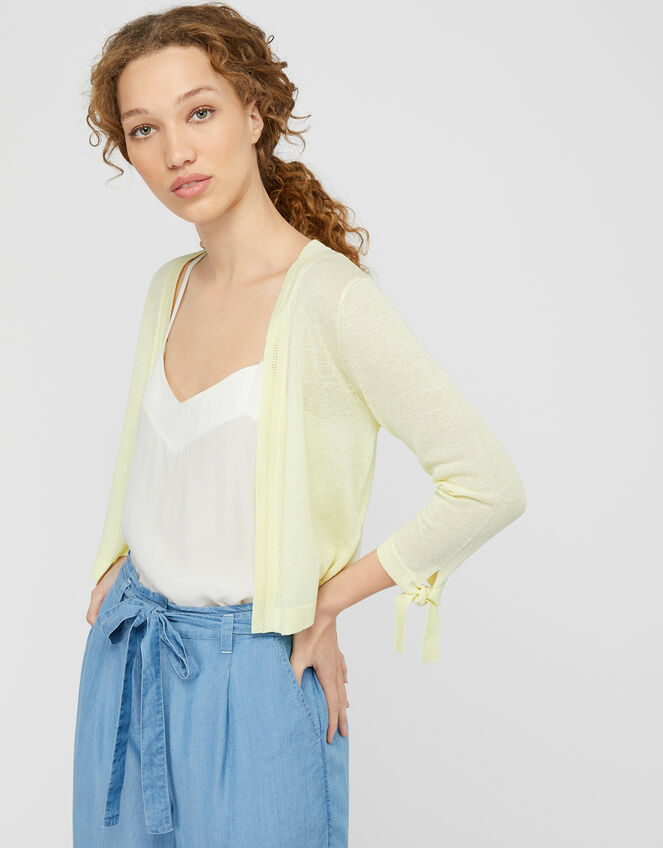 Tabby Tie Cuff Lightweight Shrug in Linen Blend, Yellow (YELLOW), large
