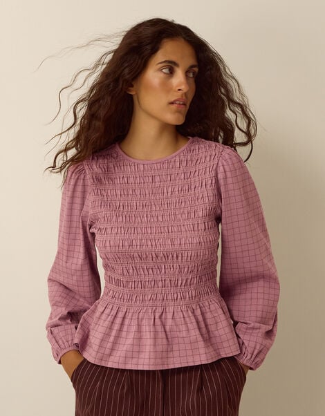 Charli Check Smocked Jersey Top, Pink (PINK), large