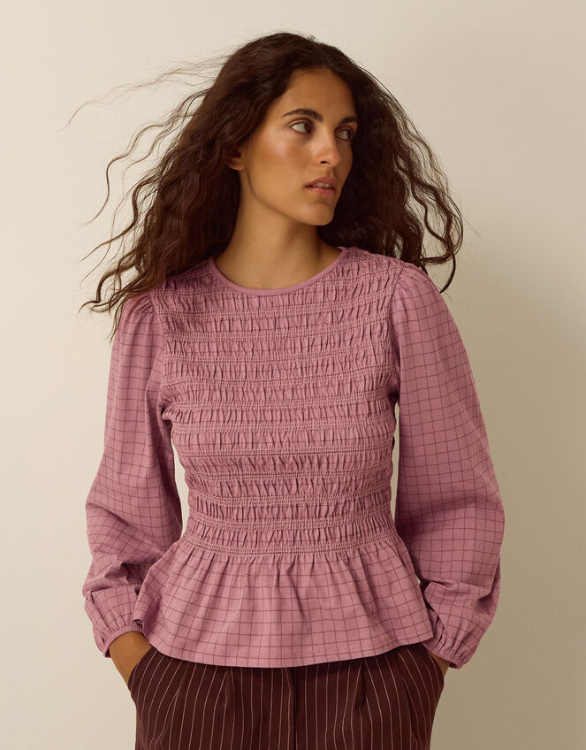 Charli Check Smocked Jersey Top, Pink (PINK), large
