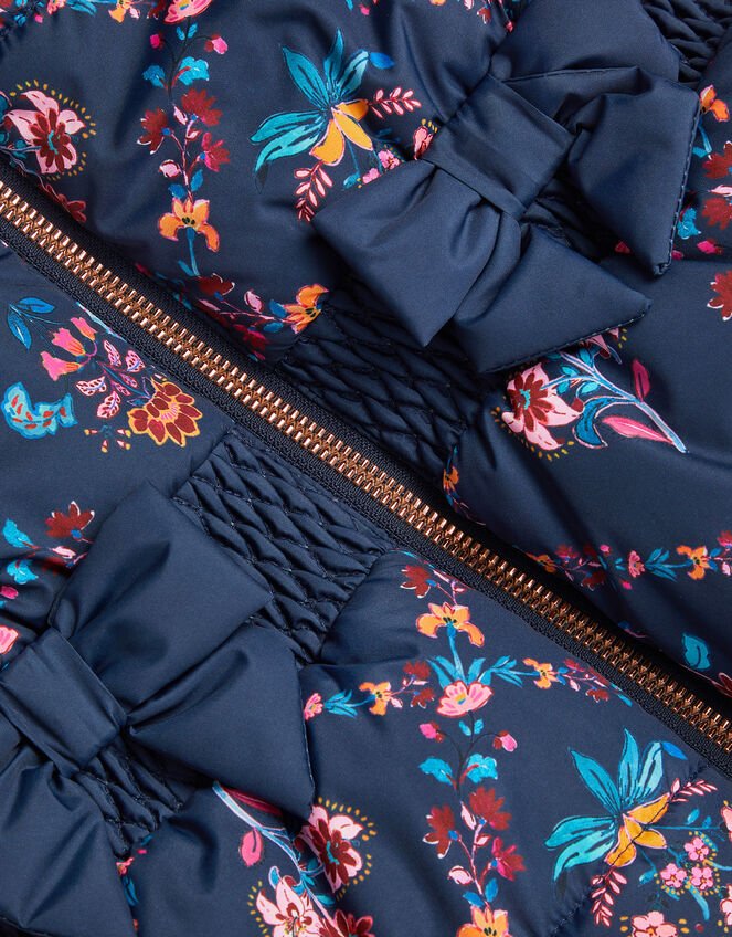 Floral Print Bow Puffer Coat, Blue (NAVY), large