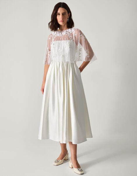 Celeste Satin Wedding Dress with Floral Embellished Cape, Ivory (IVORY), large