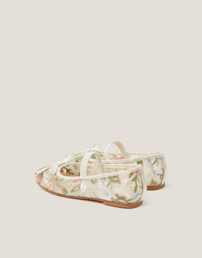 Floral Embroidered Mesh Ballet Flats, Ivory (IVORY), large