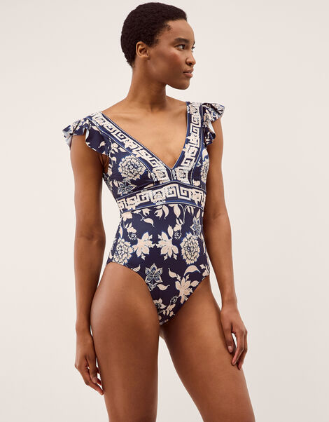 Gloria Plunge Floral Ruffle Swimsuit, Blue (BLUE), large