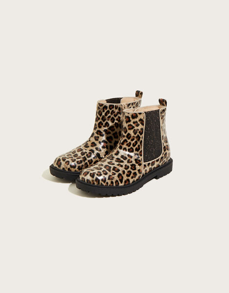 Patent Glitter Leopard Chelsea Boots Black, Black (BLACK), large