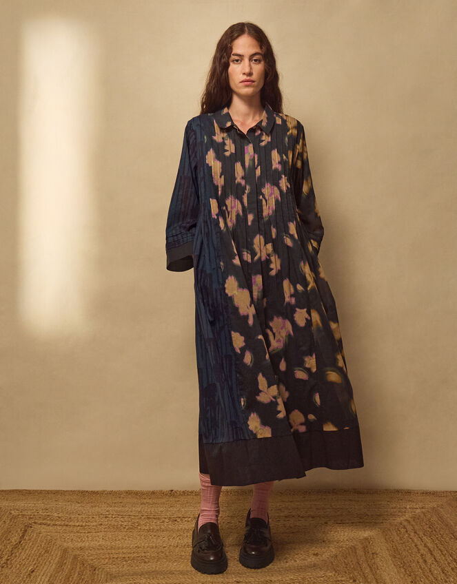 East Hannah Blurred Floral Midi Shirt Dress, Teal (TEAL), large