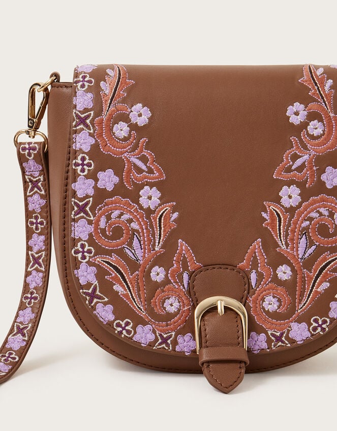 Embroidered Leather Saddle Cross-Body Bag, , large