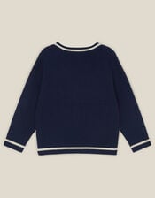 Sports Stripe V-Neck Cardigan, Blue (NAVY), large