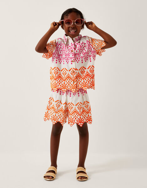 Embroidered Short Sleeve Shirt, White (WHITE), large