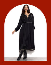 East Embellished Long Sleeve Midi Dress, Black (BLACK), large