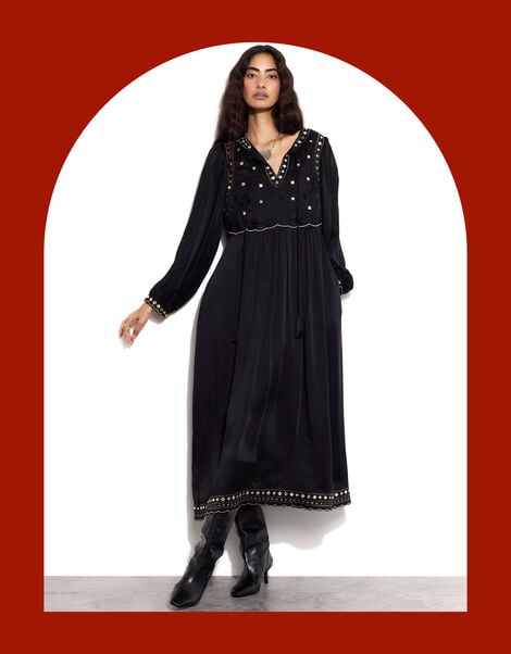 East Embellished Long Sleeve Midi Dress, Black (BLACK), large