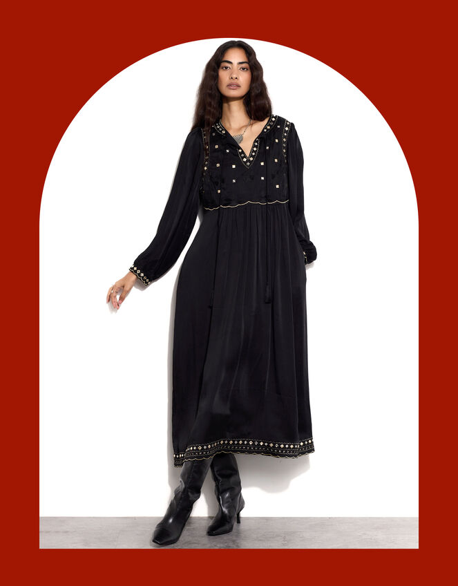 East Embellished Long Sleeve Midi Dress, Black (BLACK), large