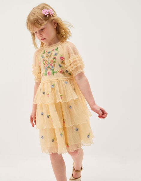 Embroidered Floral Scallop Tiered Dress, Yellow (YELLOW), large