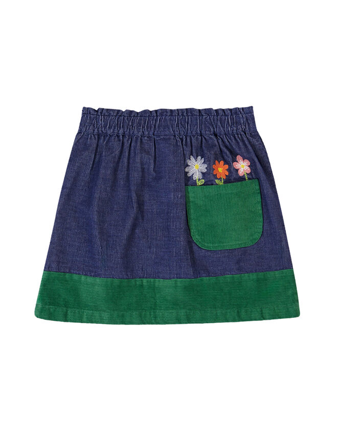 Frugi Cara Floral Embroidered Corduroy Skirt, Blue (NAVY), large